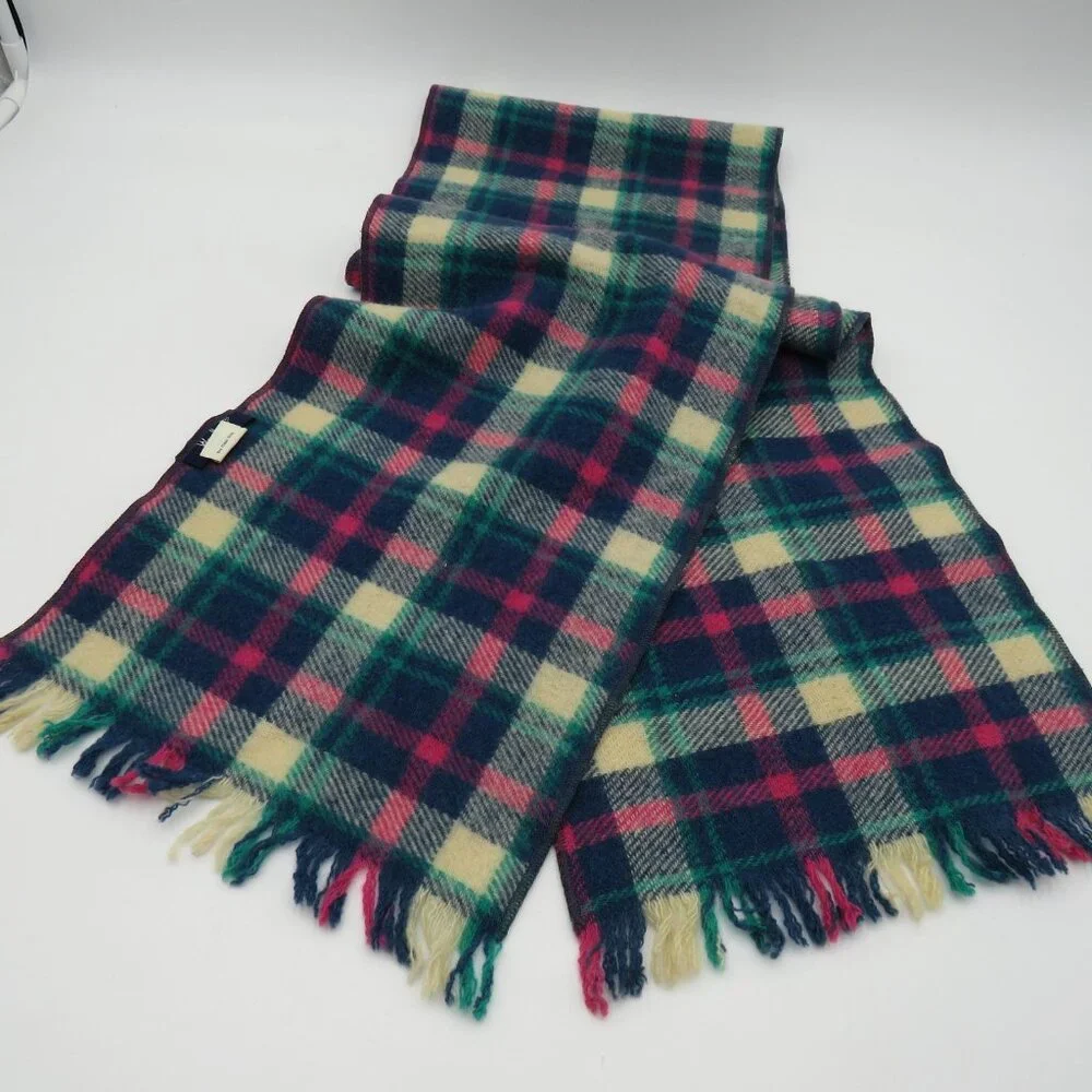 Vintage Woolrich Scarf Blue Red Green Yellow Plaid Wool Made‎ in USA 90s